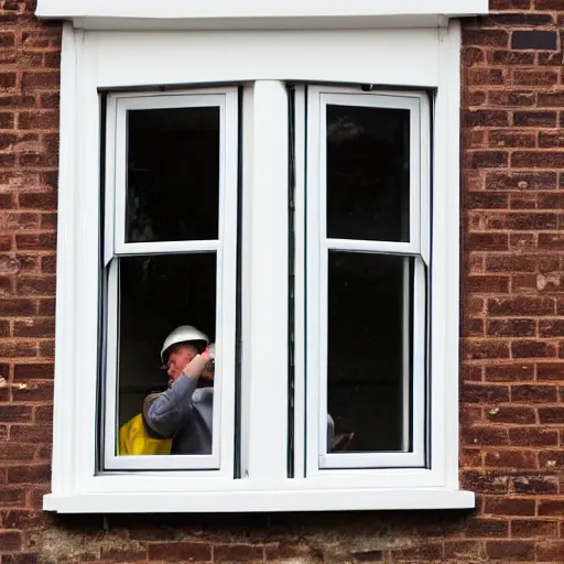 Prompt: many builders trying to open the same sash window