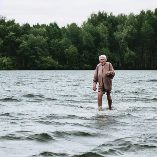 Image similar to a smiling old man walking on water