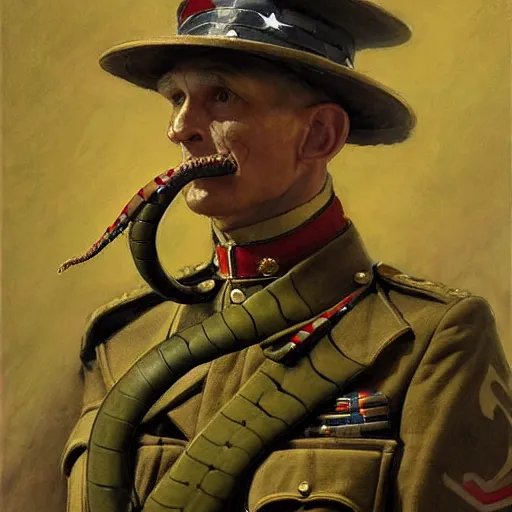 Image similar to anthropomorphic snake dressed as a antropormophhic snake veteran colonel of the first world war german army, a snake as a human, highly detailed painting by gaston bussiere, craig mullins, j. c. leyendecker