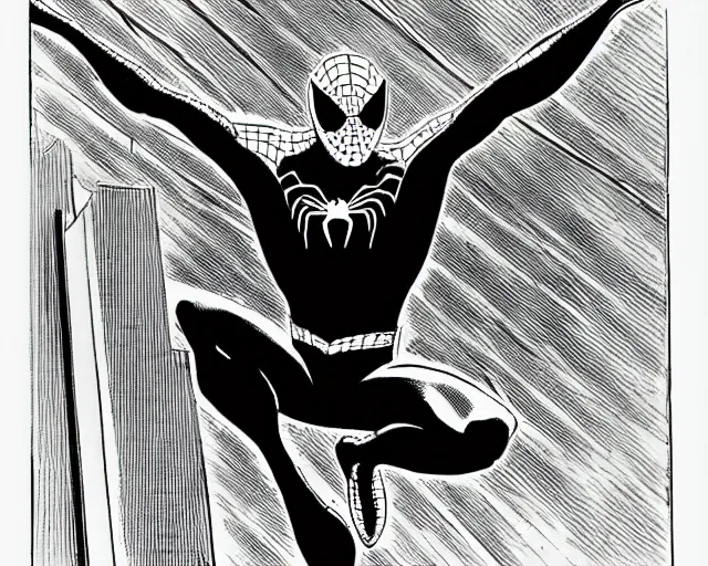 Image similar to photorealistic sketch of black spider - man with gold webbing by steve ditko