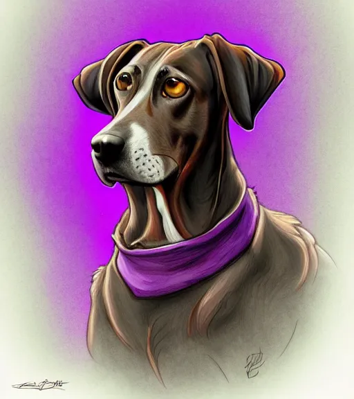 Image similar to plott hound after a purple ball full color digital illustration in the style of don bluth, artgerm, artstation trending, 4 k