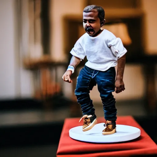 Prompt: mini kanye west dancing on a table