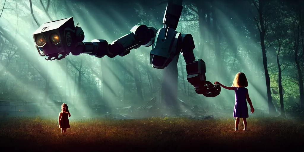 Image similar to sci - fi scene future new york city, little girl by herself in abandoned manhattan holding onto the outstretched hand of a giant robot, forest punk, little girl meets robot, crepuscular rays, epic scene, hyper realistic, photo realistic, overgrowth, cinematic atmosphere, ethereal lighting,