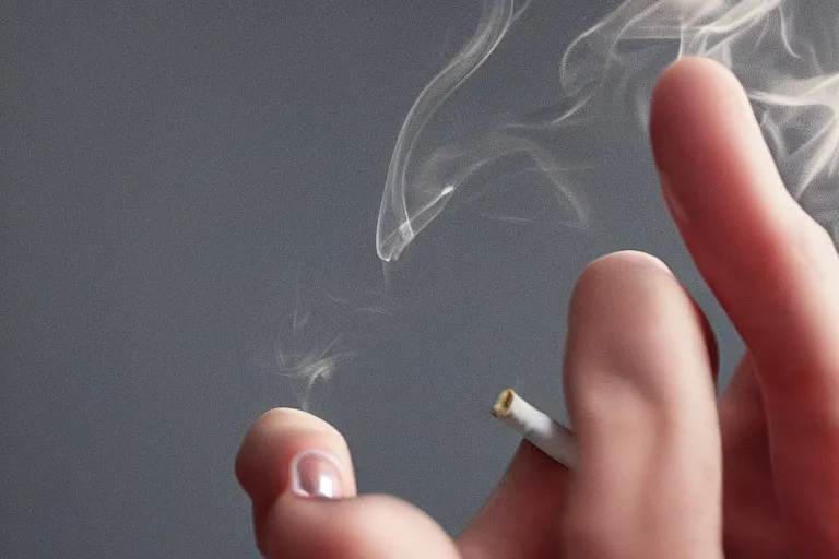 Image similar to Close-up of thin soft hand, cigarette with smoke, hand with five fingers, hyper realistic, high details, photo, super resolution