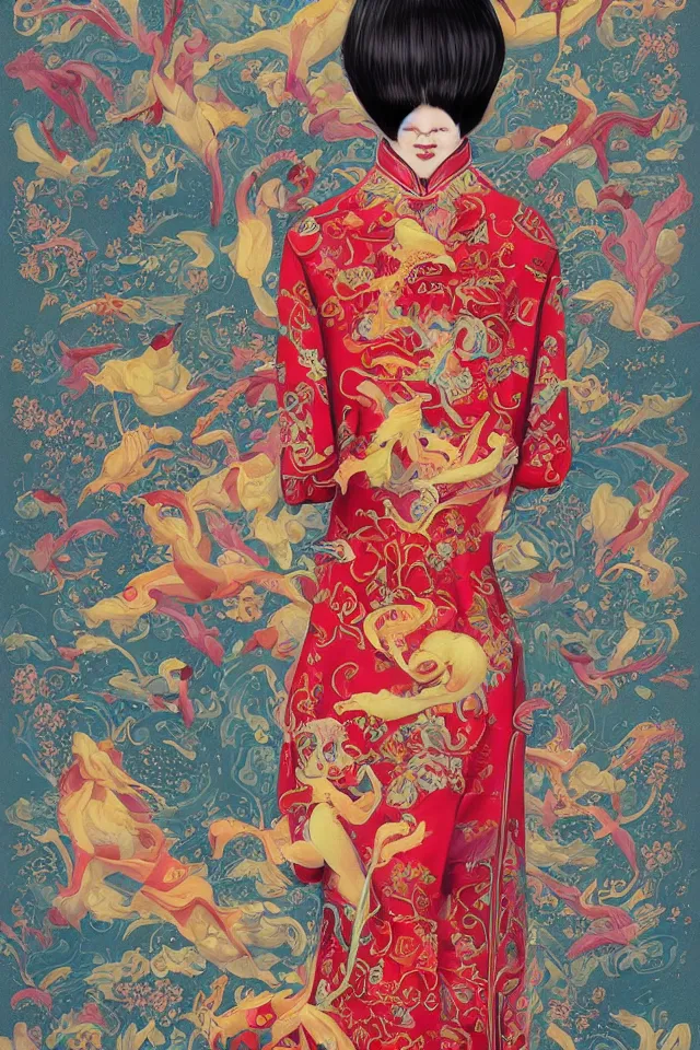 Image similar to cheongsam, by martine johanna and simon stalenhag and chie yoshii and casey weldon and wlop, ornate, dynamic, particulate, rich colors, intricate, elegant, highly detailed, centered, artstation, smooth, sharp focus, octane render, 3 d