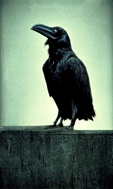 Image similar to raven standing on tombstone, midnight colors, photograph taken by giger and beksinski and death fog and decaying megacity