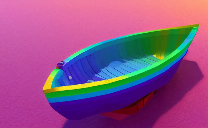 Prompt: a lush rainbow boat on a vast pink ocean, physically based render, substance painter, color theory