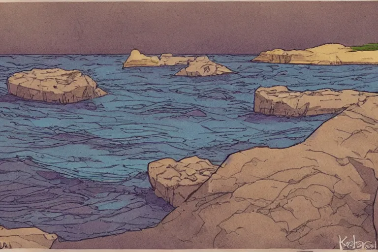 Prompt: seaside rocks in the style of Moebius