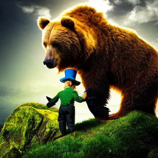 Prompt: A leprechaun fighting a bear at the top of a mountain, sun shines on them, harsh lighting, dramatic