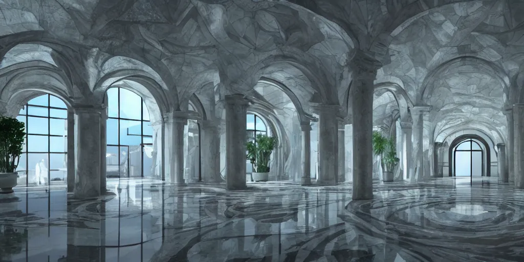 Prompt: the grand magical entrance, matte marble floors, art by kotaro chiba, volumetric lighting, epic composition