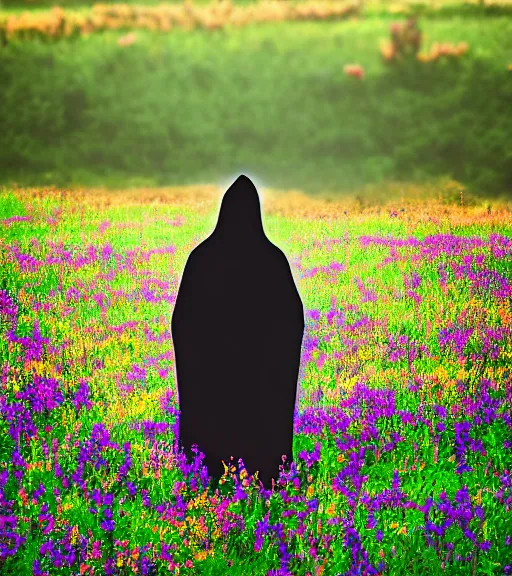 Image similar to tall hooded shadow person figure standing in beautiful meadow of flowers, technicolor photo, grainy, high detail, high resolution