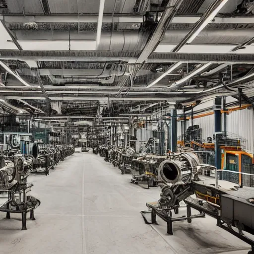 Image similar to an industrial age stem engine factory, fully operational in modern days photography style