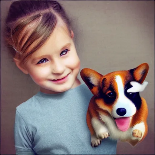 Prompt: “little girl holding a corgi puppy photorealistic hd”