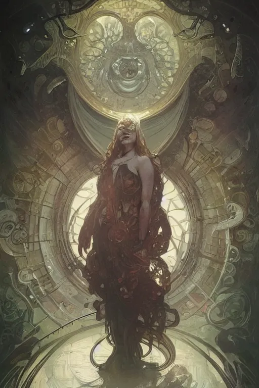 Image similar to Elder god with beady eyes, in a workshop art by artgerm and greg rutkowski and alphonse mucha and Charlie Bowater Trending on artstation, artstationHD, artstationHQ, 4k, 8k