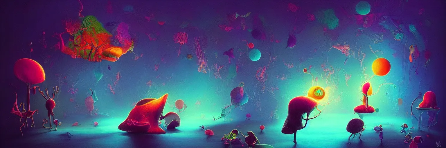 Image similar to whimsical microscopic imaginal creatures from the depths of the collective unconsciouis, dramatic lighting light rays, surreal darkly colorful painting by ronny khalil