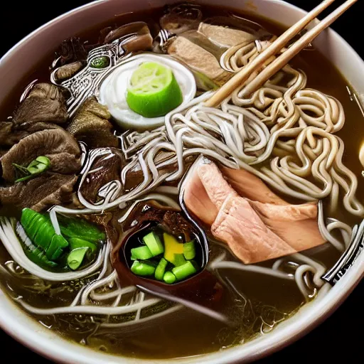 Prompt: flatlay realistic photo of delicious pho, ramen, highly detailed, natural light, 8 k hd, award winning, food photography, 3 5 mm,