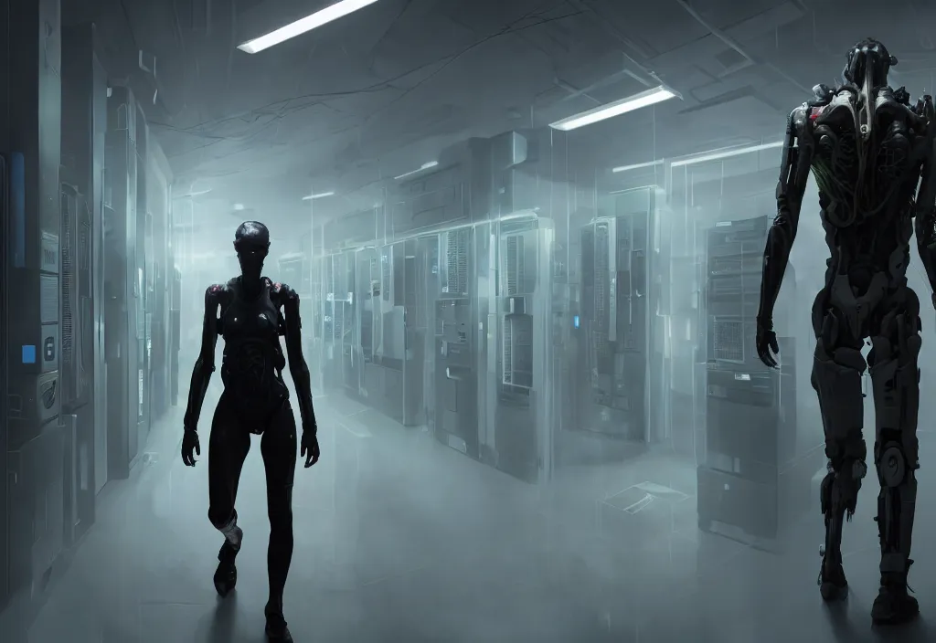 Image similar to by neil blomkamp android walking in server room in datacenter, shot by cyberpunk syle, character design, proportional body, whole body, whole figure, very realistic cinematic concept art, complementary color, realistic detailed, sharp lines, trending on artstation, volumetric lighting, octane render