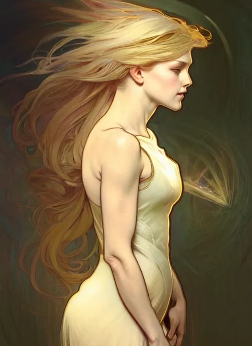 Image similar to digital character concept art by artgerm and greg rutkowski and alphonse mucha. clear portrait of a modern young wife blessed by god to unstoppably grow more perfect and fertile!! blonde, in clothes!! feminine well - formed holy body!! light effect. hyper detailed, glowing lights!! intricate, elegant, digital painting, artstation, smooth, sharp focus