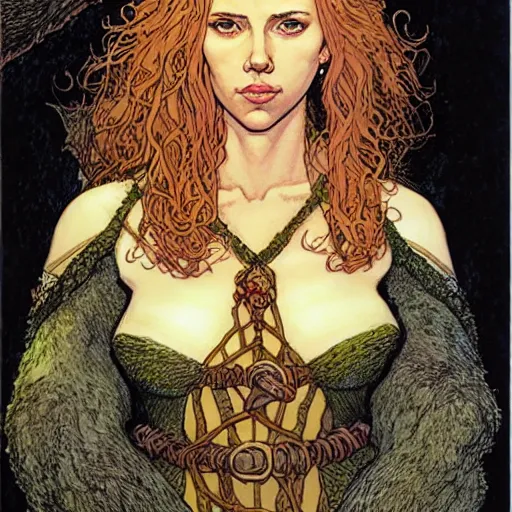 Image similar to a realistic, very beautiful and atmospheric portrait of scarlett johansson as a druidic warrior wizard looking at the camera with an intelligent gaze by rebecca guay, michael kaluta, charles vess and jean moebius giraud