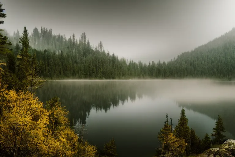 Prompt: a lake with mountains and a foggy forest in the background 50mm, hyperrealistic, moody, dark, ultra detailed, highly detailed, cinematic, dynamic lighting