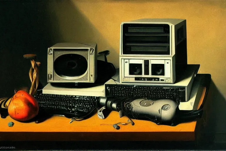 Image similar to still life painting of vintage computers by Caravaggio, oil on canvas, strong lighting, highly detailed, hyper realism, HD, 4K