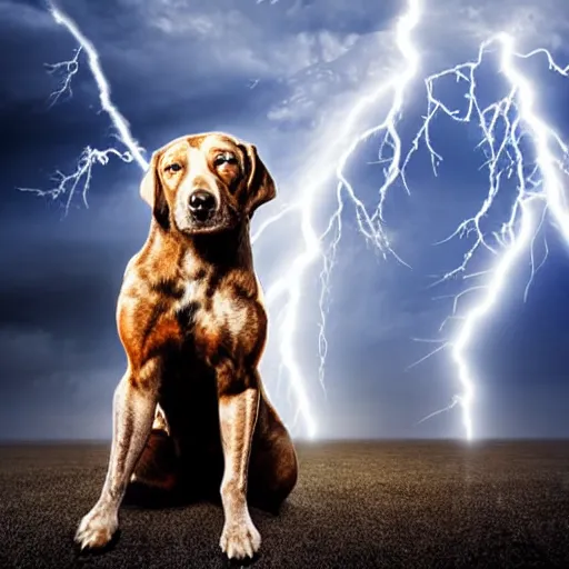 Image similar to a canine thor holding hammer with its paw, dramatic lightning background