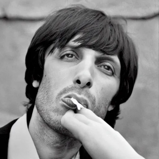 Prompt: Fabrizio De Andrè smoking a cigarette,black and white