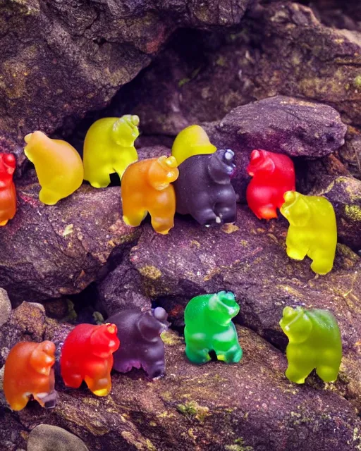 Prompt: national geographic photo of wild gummy bears, wildlife photography, 4 k photo, dynamic lighting