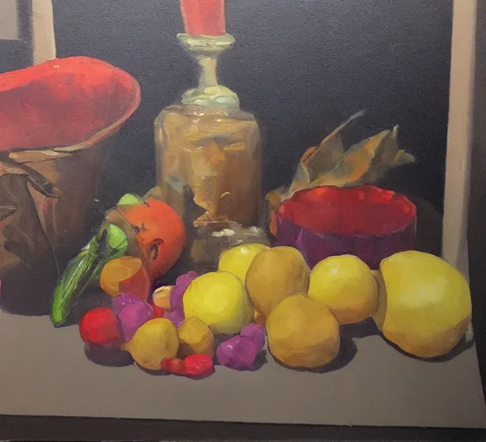Prompt: a beautiful still life painting by a first-year art student; extraordinary masterpiece!!!!!