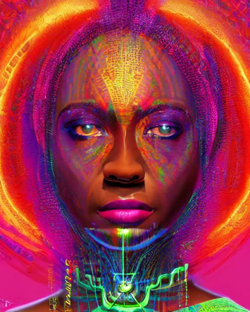 Prompt: a powerful energy psychedelic matrix african woman, by alexander fedosav, hyper detailed digital matte painting, concept art, hyperrealism, 1 6 k resolution, cinema 4 d, 8 k resolution, trending on artstation, behance hd, a masterpiece, by stephan martiniere, particles, cel - shaded, power bright neon energy, by david a. hardy,