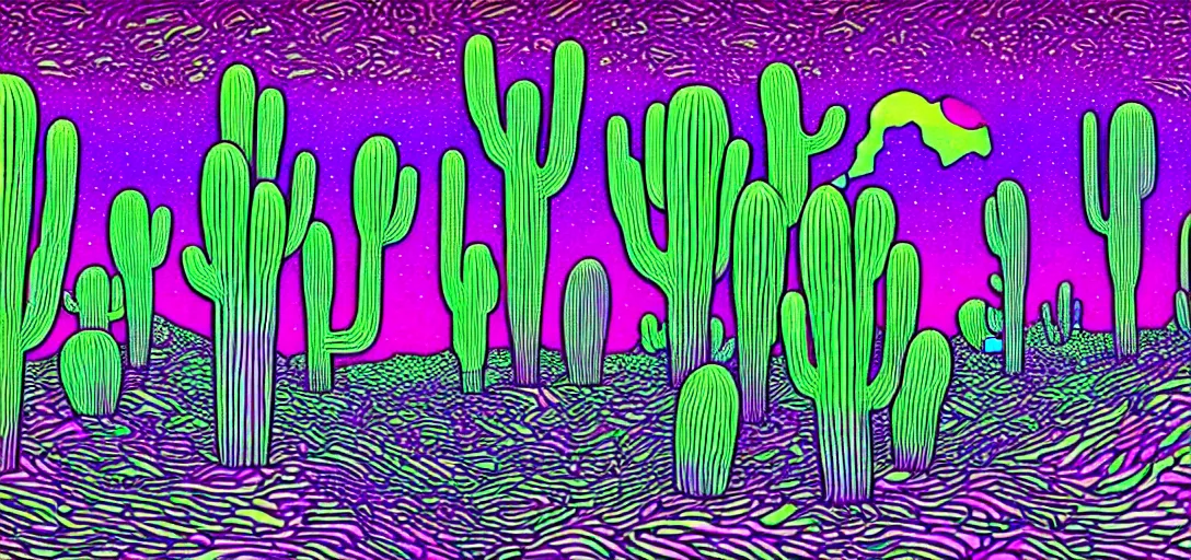 Image similar to A hand drawn digital still of mystical desert with strange ethereal creatures and cactus with a psychedelic night sky in the style of Alex Grey and Moebius, risograph, Artstation HD, 8k, Surrealistic digital artwork,