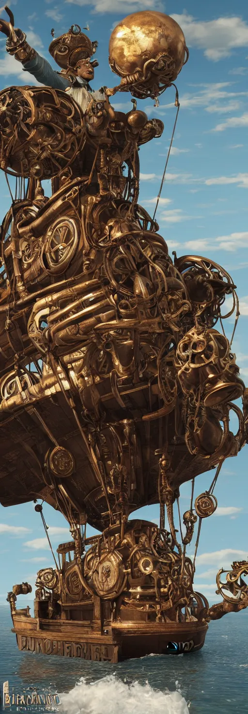 Prompt: a flying steampunk, steamboat from the 1 9 0 0 s with huge african mask on the front of the boat carrying black people across the mississippi river, bioshock infinite, detailed, behrens style, unreal 5 render, fantasy digital art, octane render, beautiful composition, trending on artstation