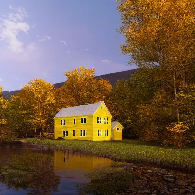 Image similar to yellow colonial new england house near a small river, fall foliage forest, large chimney, lights on inside, vermont mountain background, light cinematic, volumetric, realistic, cinematic lighting, ray tracing, unreal engine 5, octane render, hyper realistic, 8 k