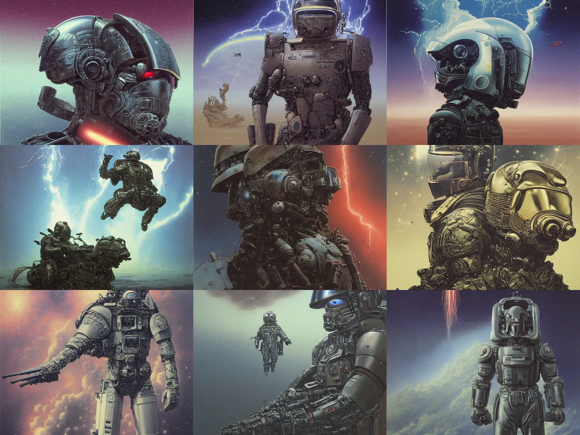 Prompt: a detailed Katsuhiro Otomo portrait painting of a bounty hunter in combat armour and visor. cinematic sci-fi poster. Cloth and metal. Flight suit, accurate anatomy portrait symmetrical and science fiction theme with lightning, aurora lighting clouds and stars. Futurism by beksinski carl spitzweg moebius and tuomas korpi. baroque elements. baroque element. intricate artwork by caravaggio. Oil painting. Trending on artstation. 8k
