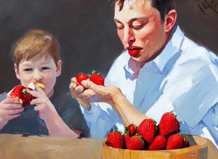 Prompt: a highly detailed beautiful portrait of elon musk eating strawberry, by gregory manchess, james gurney, james jean