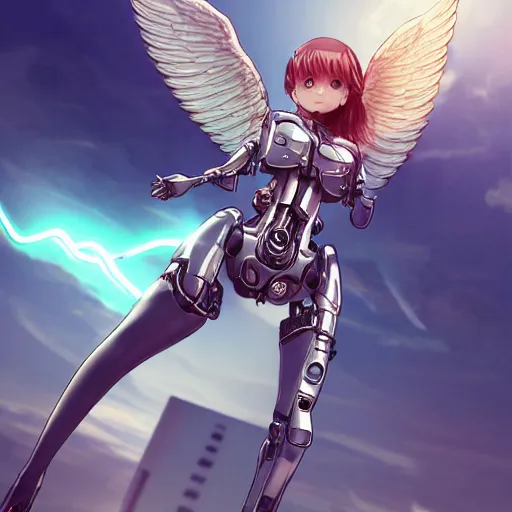 Prompt: cute endowed cyborg - angel girl with large angelic wings standing on the edge of a rooftop overlooking a floating city, left eye gold and right eye silver, biomechanical details, bionic cyborg implants, digital cyberpunk - anime art, full body shot, reflections, lens flare, wlop, ilya kuvshinov, artgerm, krenz cushart, greg rutkowski