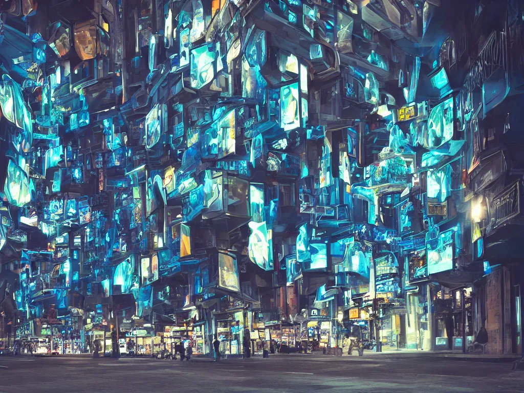 Prompt: streets with curved translucent screens projecting detailed sci - fi art ( 2 0 4 2 ), pixel perfect photograph, high contrast, volumetric lighting, thin glowing lights, chair, users, pair of keys