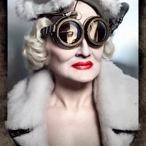 Prompt: dslr photo portrait still ofa young marlene dietrich wearing steampunk goggles, 8 5 mm, f 1. 8, photorealistic, 4 k, octane render, by wayne barlow,