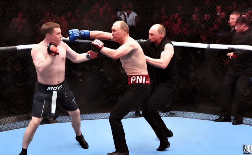 Image similar to Elon musk fighting Vladimir Putin in the MMA octagon, cinematic shot