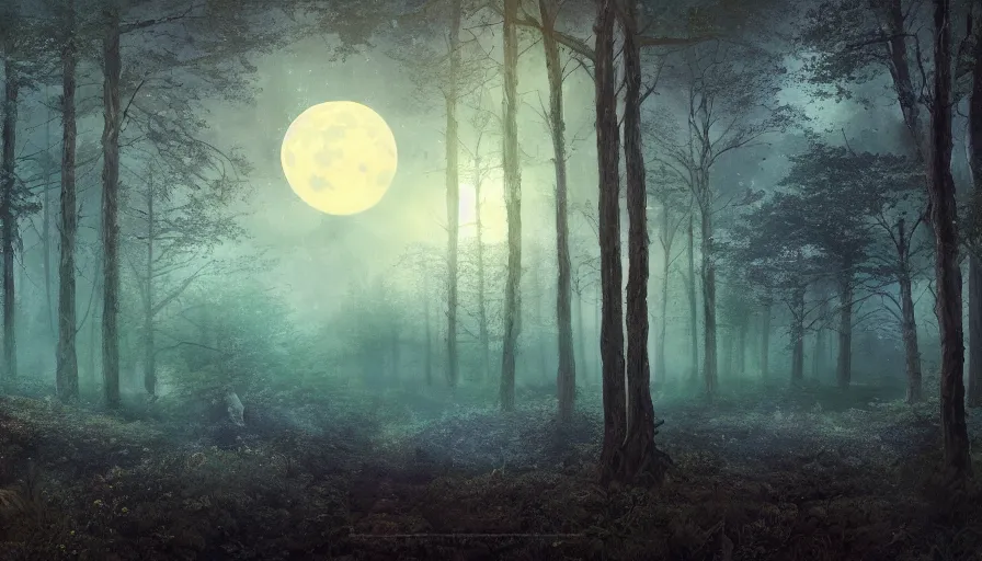 Prompt: a beautiful forest landscape at dusk, big moon and stars in the sky, matte painting, dark blue tones, concept art, 4k