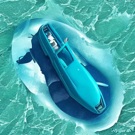 Prompt: deep turquoise water is frozen into the shape of a corvette, digital art