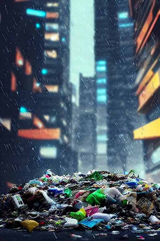 Prompt: trash falling from the sky, cyberpunk