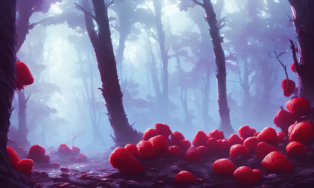 Image similar to Dark forest large strawberries, behance hd by Jesper Ejsing, by RHADS, Makoto Shinkai and Lois van baarle, ilya kuvshinov, rossdraws global illumination