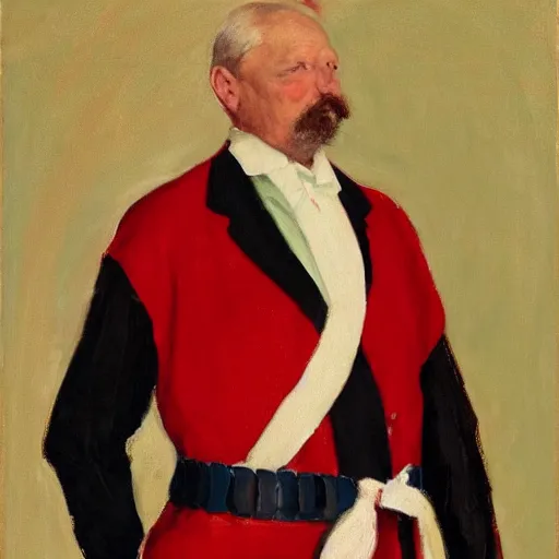 Prompt: the honorable duke, a 5 0 year old man in traditional german noble attire, red and white belt on top of his suit, oil on canvas, 1 9 0 5