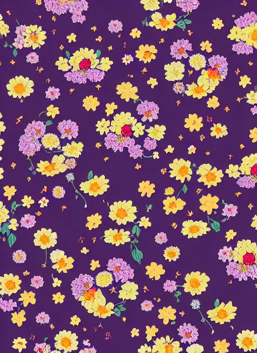 Image similar to multiverse of flowers, garden flowers pattern, berries, dragonflies, garden dwarfes by satoshi kon and greg rutkowski, 7 0's vintage sci - fi flat design