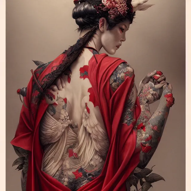 Image similar to ultra realistic illustration, beautiful woman dressed in red kimono, backview, tattoos, in the style of peter mohrbacher by weta digital and beth cavener, high face symmetry, intricate, masterpiece, award winning, high face symmetry, intricate