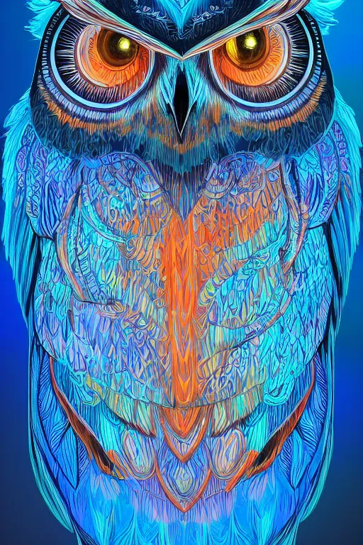 Image similar to glowing owl, blue and orange colours, highly detailed, digital art, sharp focus, trending on art station