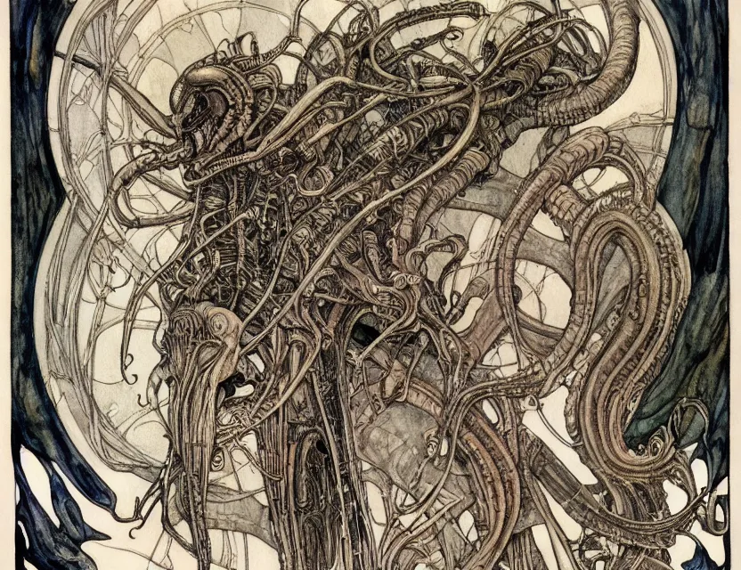 Prompt: a detailed, intricate watercolor and ink art nouveau portrait illustration with fine lines of h. r. giger's xenomorph, by arthur rackham and edmund dulac and lisbeth zwerger and alphonse mucha