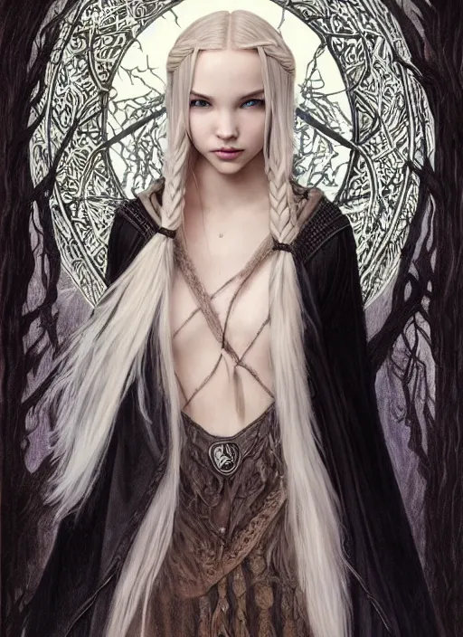 Prompt: mystical gothic mage blonde braided hair dove cameron, spirit wolf, mountain, heavy cloak, black leather accents, cloth jerkin, dead forest, fantasy character portrait, ultra realistic, intricate, elegant, highly detailed, digital painting, artstaion, smooth, sharp, focus, illustration, art by artgerm and greg rutkowski and alphonse mucha