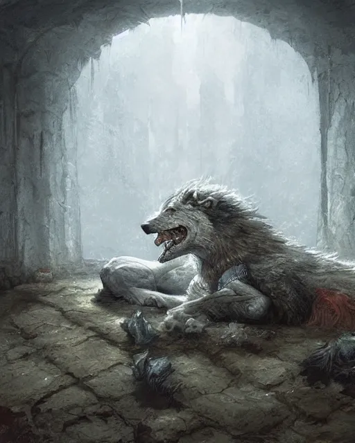 Image similar to medieum shot of a warg!!! dire wolf sleeping on a mat in a corner of a adobe house, torchlit, concept art by marc simonetti and christophe vacher, trending on artstation